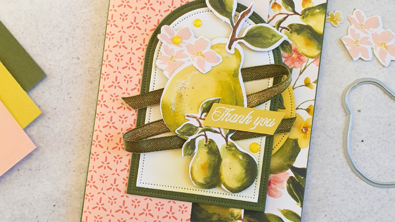 Handmade accordion fold card using Painterly Pears Suite from Stampin' Up! The card has an arched focal point with images of pears in shades of green and yellow. The sentiment is Thank You. It's bright and fun.