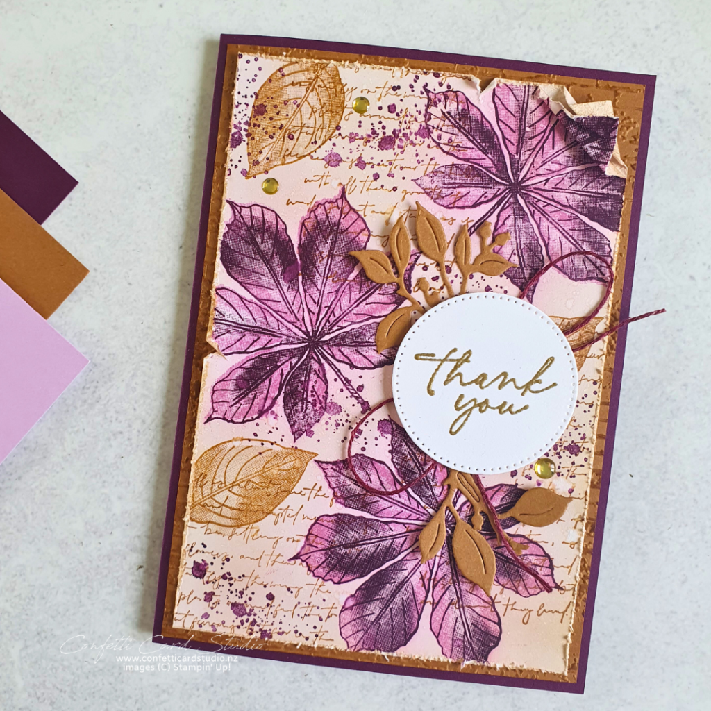 Handmade card with vintage style collage background. Colours are Blackberry, Pecan and Freesia. The sentiment is Thank you embossed in gold.
