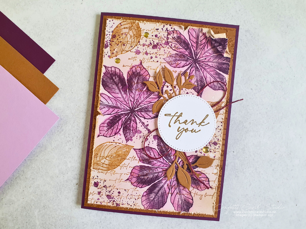 Handmade artistic leaves collage card with vintage style collage background. Colours are Blackberry, Pecan and Freesia. The sentiment is Thank you embossed in gold.