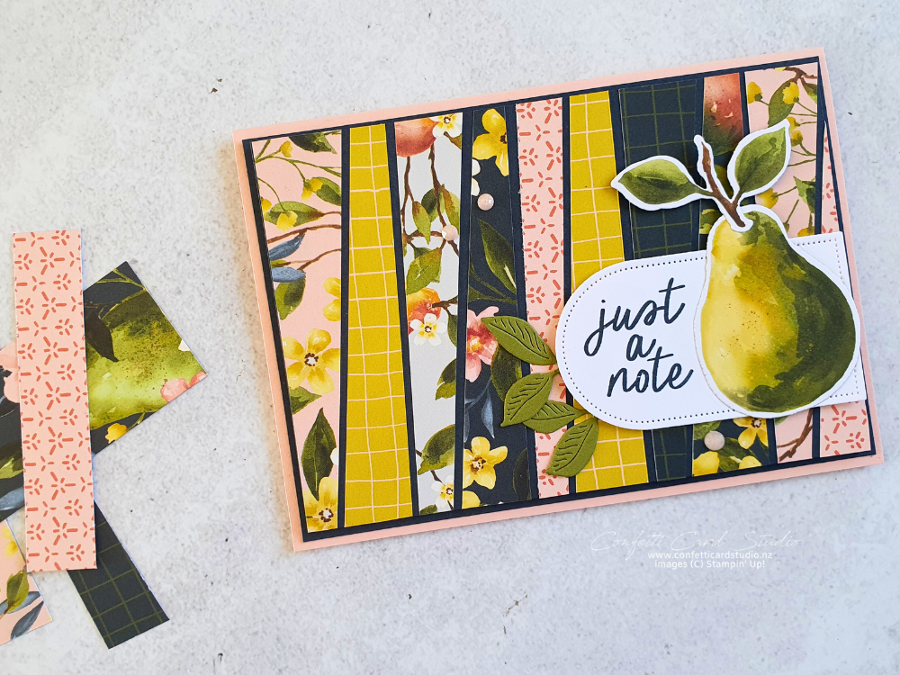 Handmade card with strips of designer series paper for the decoration. The design is called scrappy strip technique. The card is finished with a pear and the sentiment just a note.