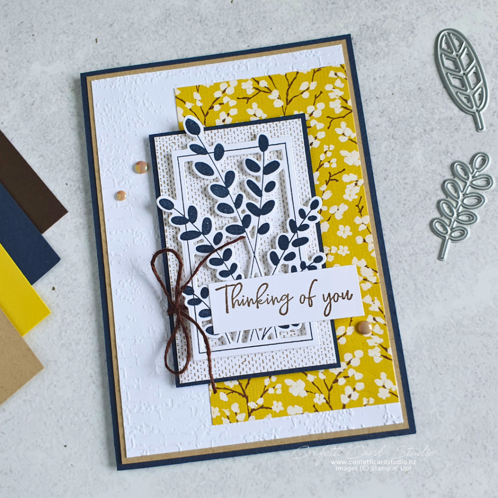 Handmade Thinking of You card using Friendly Foliage and Lasting Linen stamp sets. Also featuring Brushed with Beauty designer series paper in Darlking Duckling. This coordinates with the card base of Secret Sea.