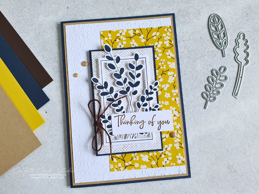 Handmade Thinking of You card using Friendly Foliage and Lasting Linen stamp sets. Also featuring Brushed with Beauty designer series paper in Darlking Duckling. This coordinates with the card base of Secret Sea.