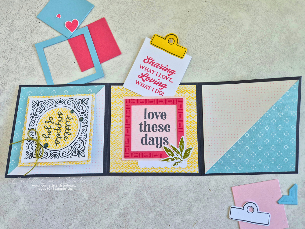 Handmade Joyful Squares Bundle Project showing the inside of the triangle twist square card and the pocket with pull out tag.