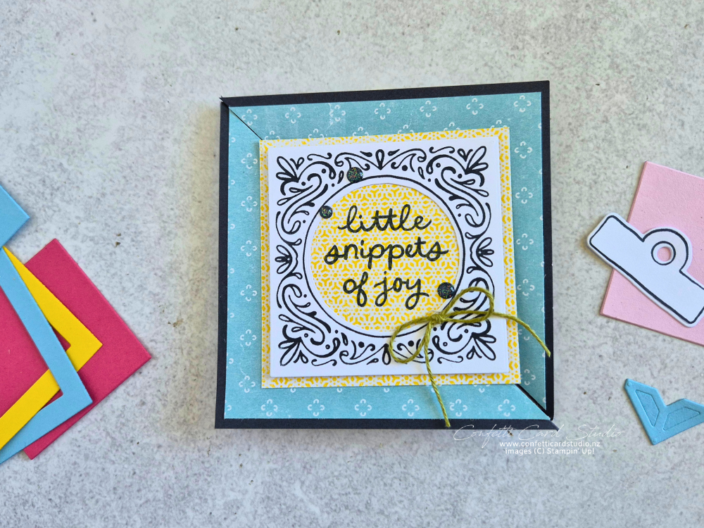 Handmade fun fold card using Joyful Squares bundle. for my projects. In blue and yellow this card pops with fun.