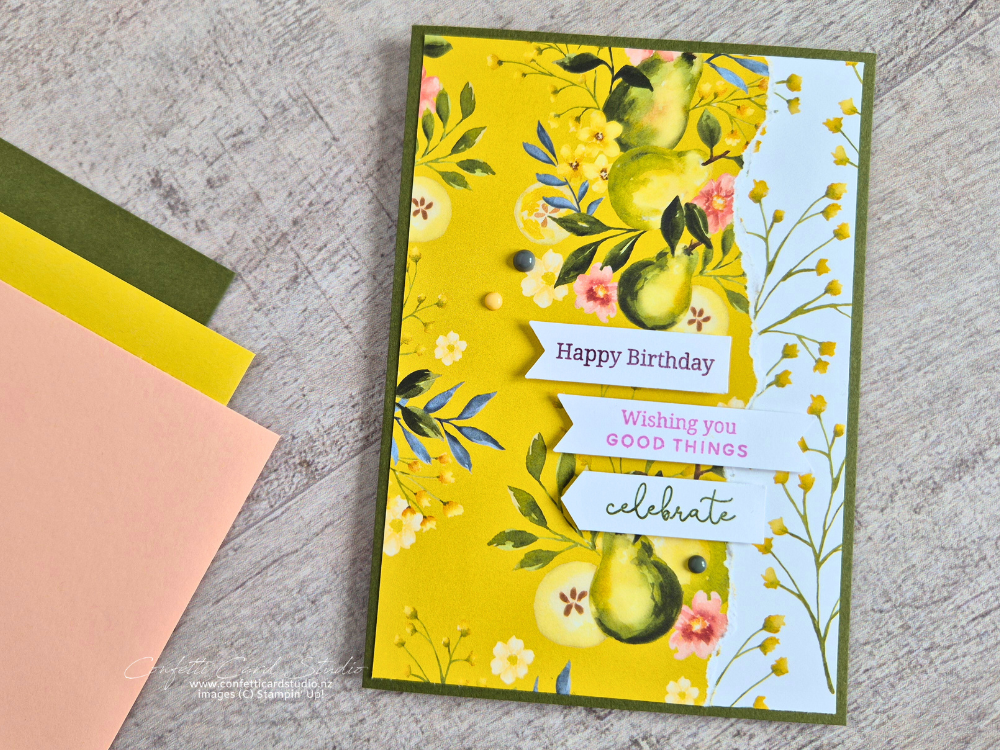 Pear patterned paper in Darling Duckling wiht Old Olive. With 3 sentiments in different colours using the Three Banner Punch Template.