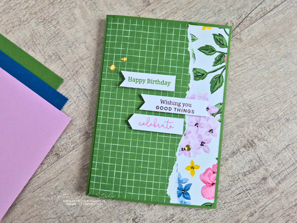 Garden Green grid and floral card front with With 3 sentiments in different colours using the Three Banner Punch