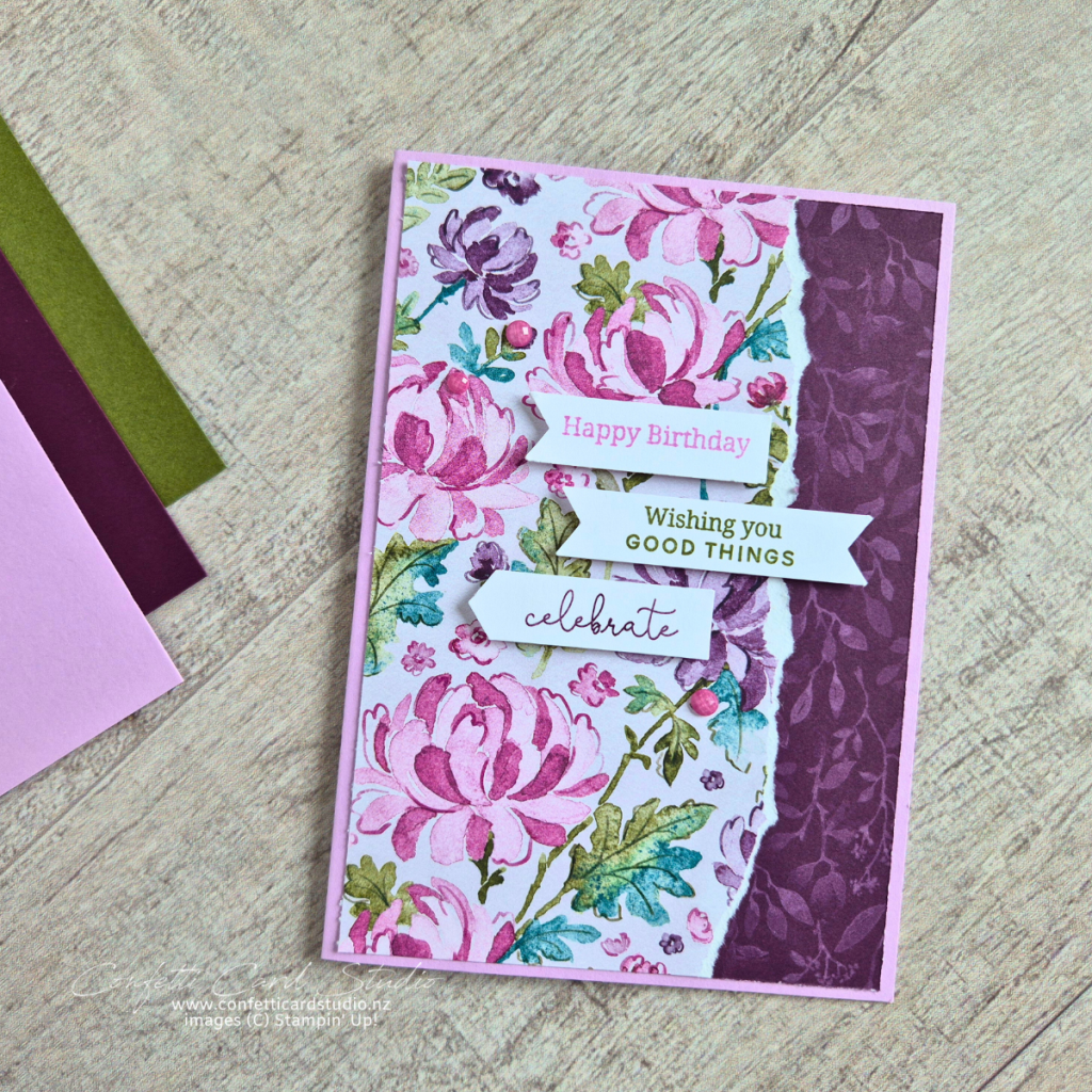 Floral card with 3 sentiments in different colours with the Three Banner Punch Template