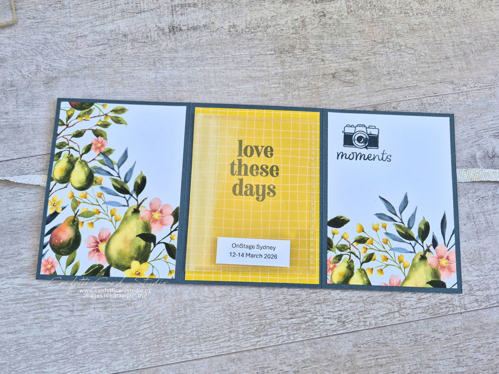 Flip flap album for travel memories made with Painterly Pears designer series paper, Secret Sea cardstock, and photo themed embellishments.