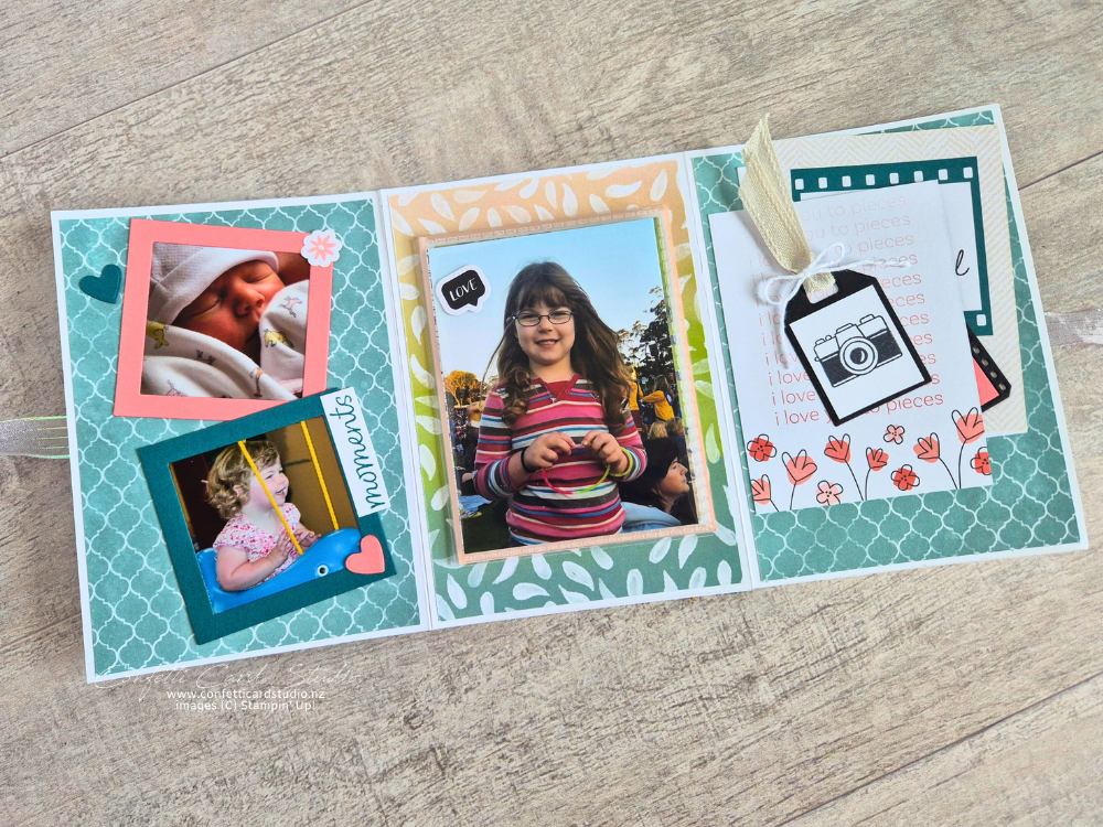 Flip flap birthday card with layered photo panels in Pretty Peacock and Flirty Flamingo, featuring film strips, hearts, and photo frames.