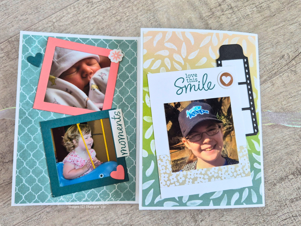 Flip flap birthday card with layered photo panels in Pretty Peacock and Flirty Flamingo, featuring film strips, hearts, and photo frames.