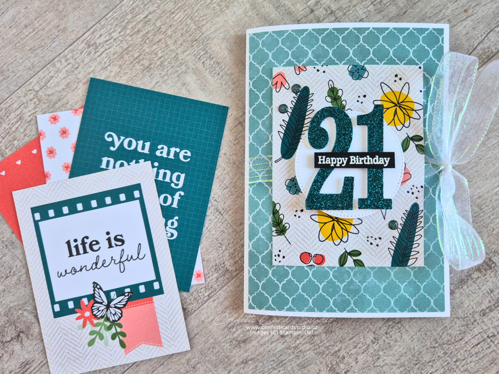 Flip flap birthday card with layered photo panels in Pretty Peacock and Flirty Flamingo, featuring film strips, hearts, and photo frames.