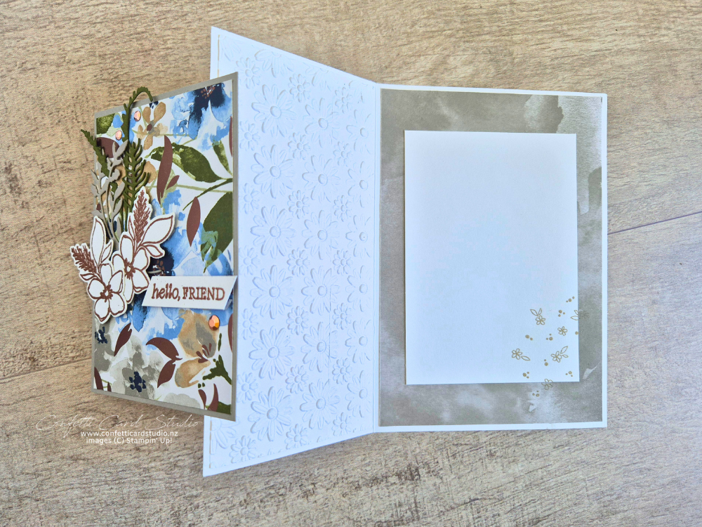 Delicate Whispers Z Fold Card featuring inside space for personal message, floral designer paper, embossed panel, and bronze accents in soft blue and green tones.
