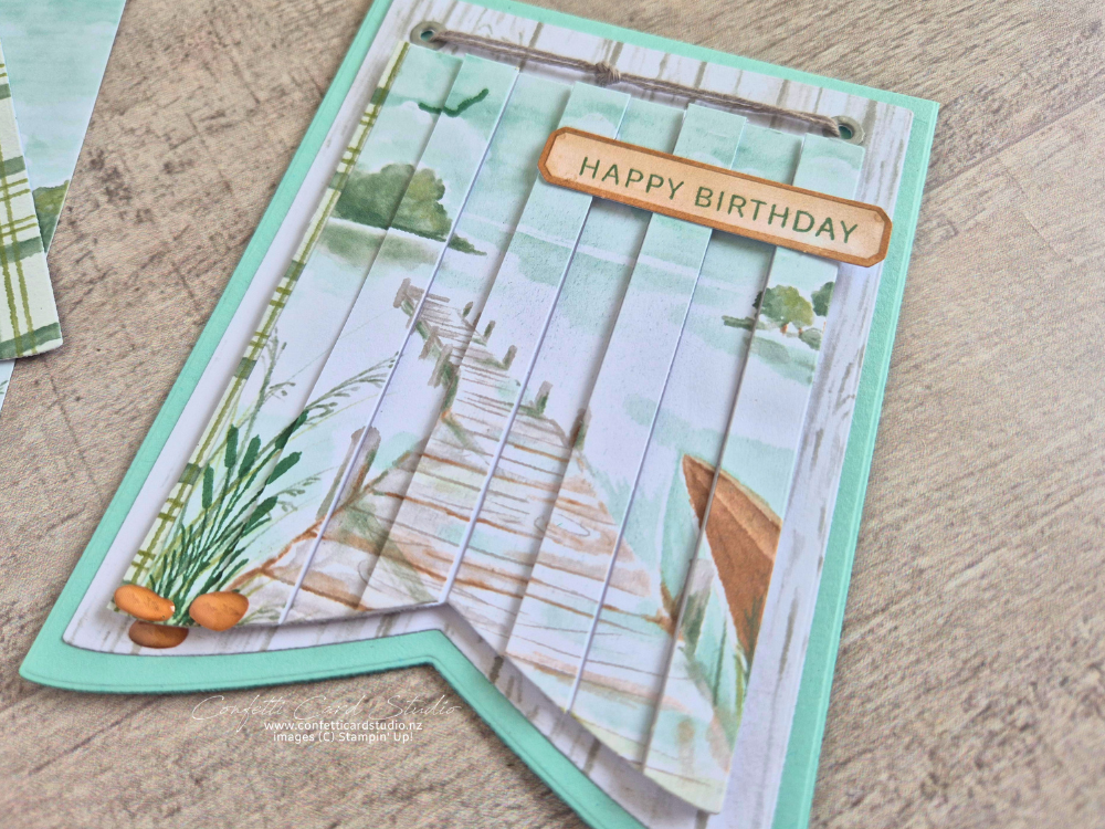 Double Vision Lakeside Retreat Paper Pumpkin alternative handmade card featuring a layered wharf scene with banner dies and a Pool Party card base using the double vision technique.