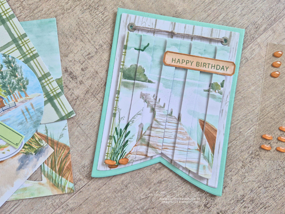 Double Vision Lakeside Retreat Paper Pumpkin alternative handmade card featuring a layered wharf scene with banner dies and a Pool Party card base using the double vision technique.