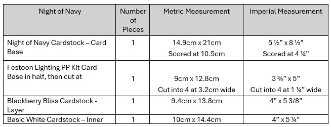 Festoon Lights Celebration Card Measurements Table