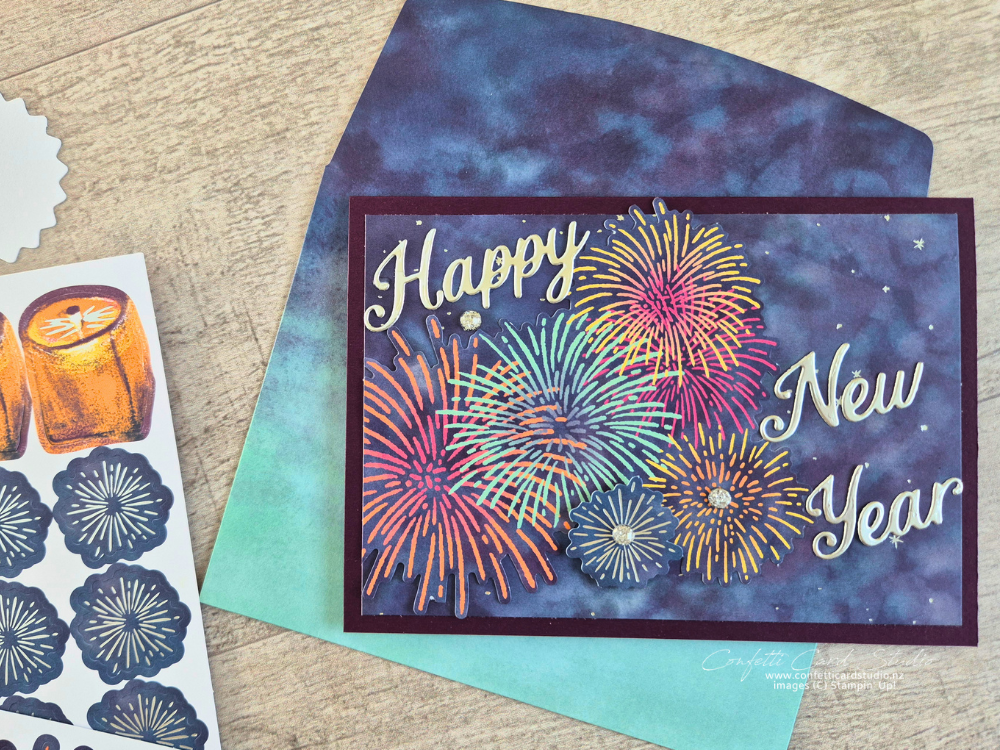 An alternative handmade card created with the May 2026 Sparkling Celebrations Paper Pumpkin kit featuring fireworks, silver foil with a New Year message.
