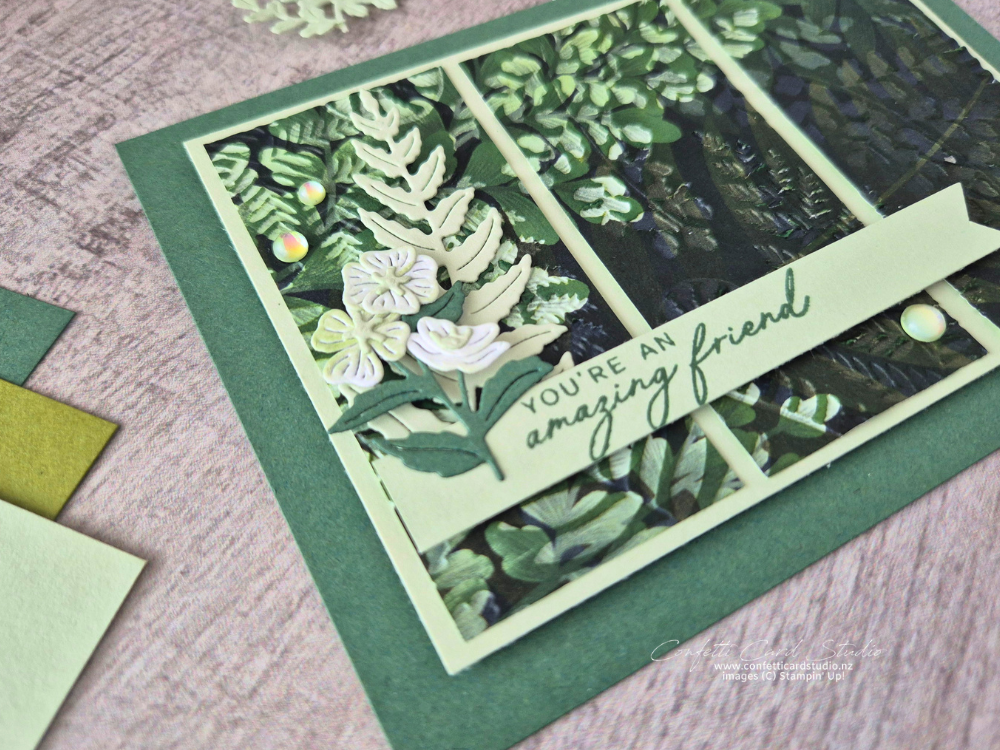 Handmade card featuring the Fern & Flora Embossing Ink Magic technique Close up