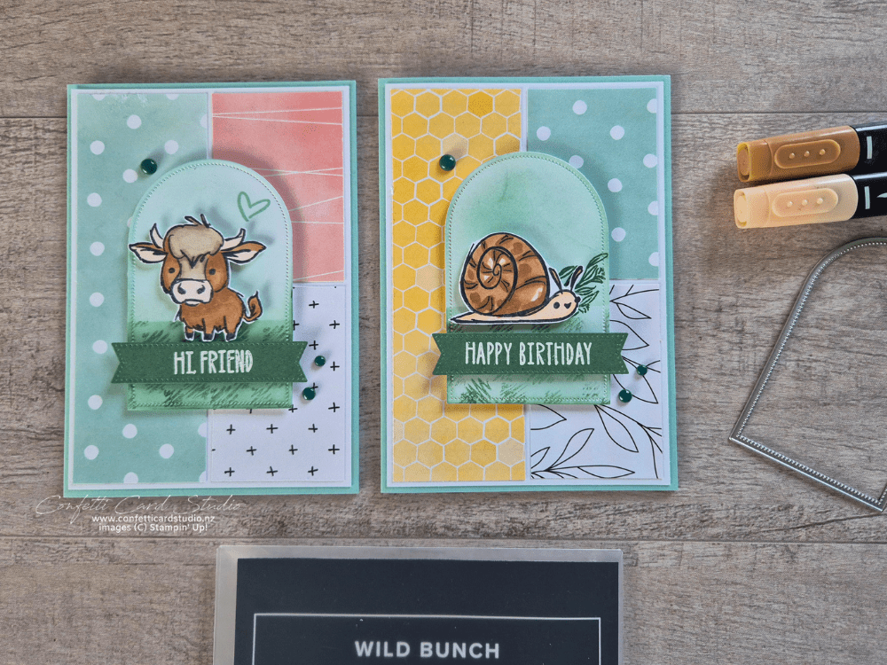 Card making sketch book of card making ideas showing a hand-drawn card layout, measurements, Beautiful Ordinary Designer Series Paper, and four Wild Bunch handmade cards.