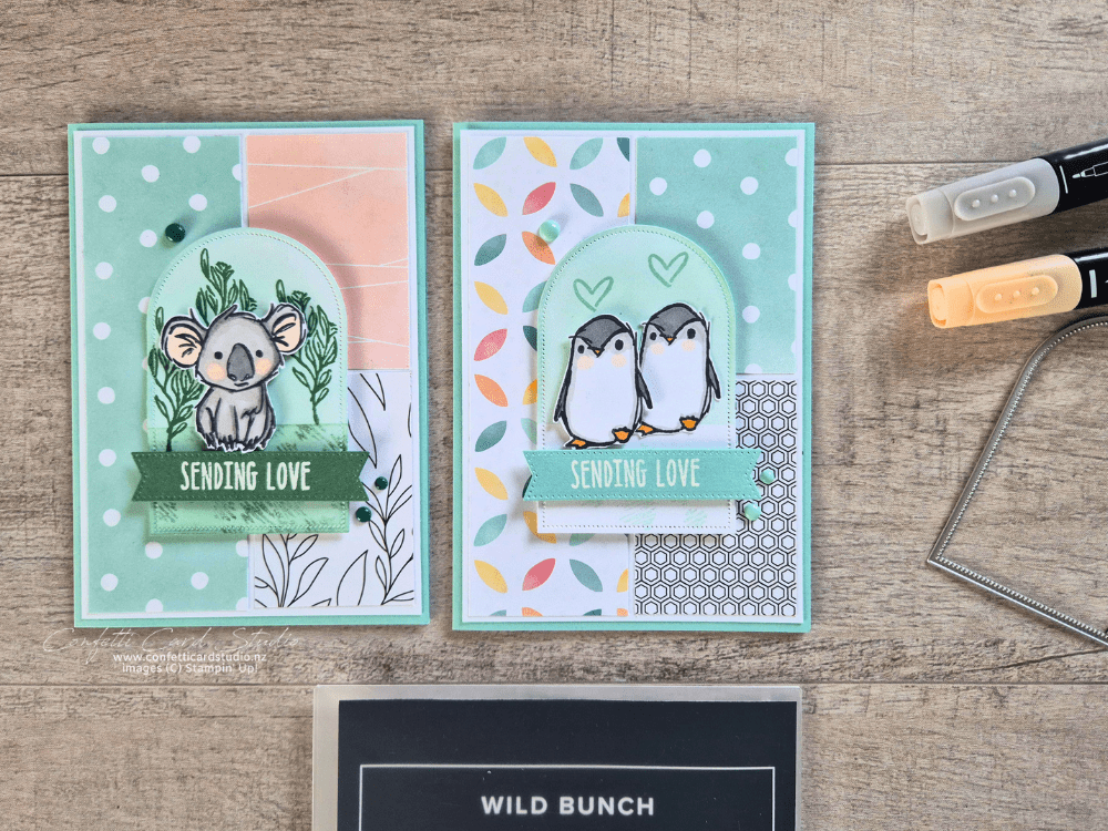 Card making sketch book card making ideas showing a hand-drawn card layout, measurements, Beautiful Ordinary Designer Series Paper, and four Wild Bunch handmade cards.