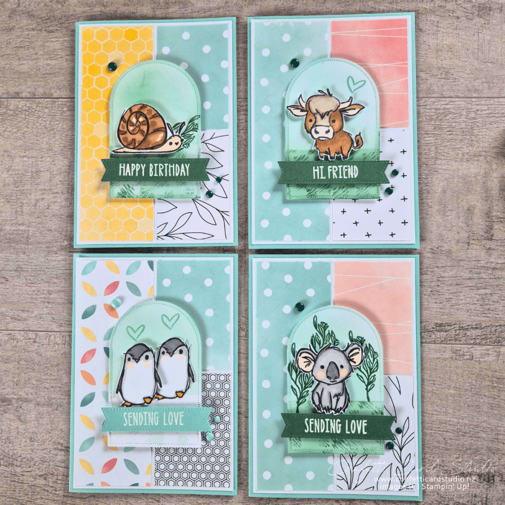 Card making sketch book showing a hand-drawn card layout, measurements, Beautiful Ordinary Designer Series Paper, and four Wild Bunch handmade cards.