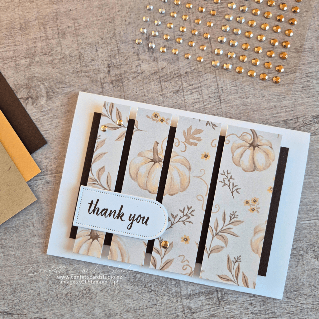 Simple Designer Series Paper sketch card with four vertical strips of pumpkin-themed DSP and a thank you sentiment.