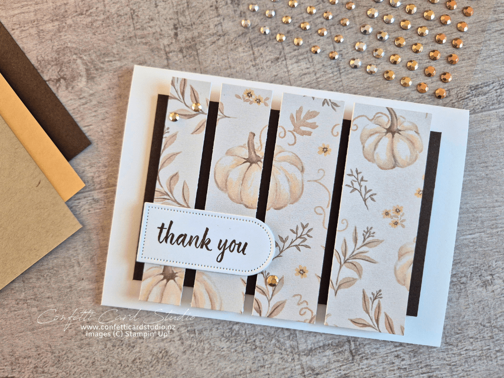 Simple Designer Series Paper sketch card with four vertical strips of pumpkin-themed DSP and a thank you sentiment.