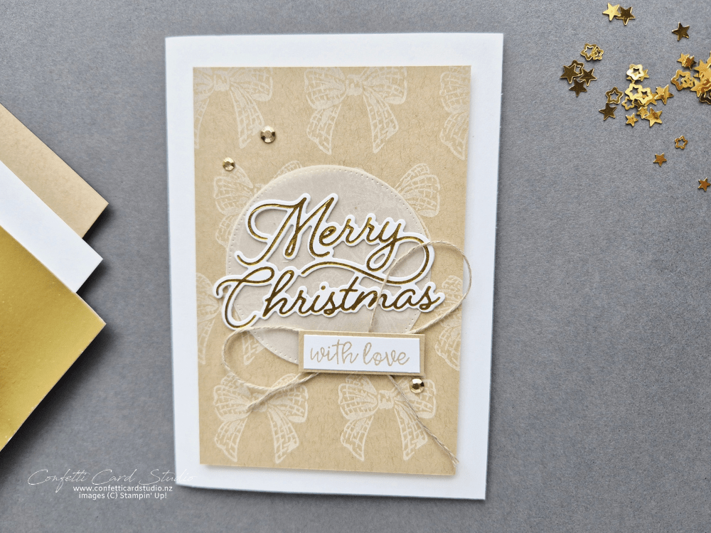Elegantly Wrapped Christmas card in Crumb Cake and white with white repeat stamping and gold hot foil sentiment