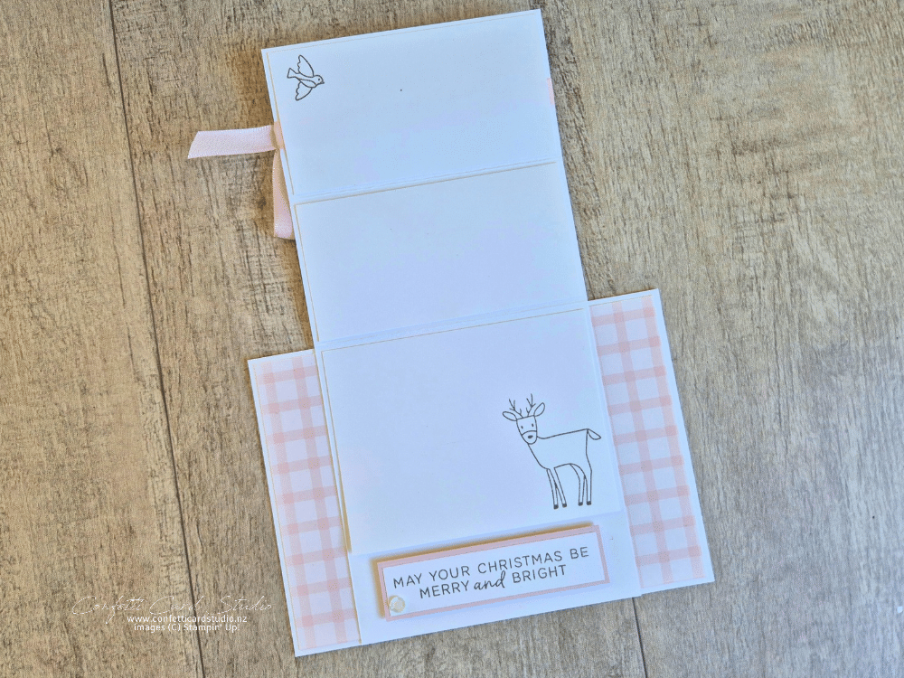 Inside view of Woodland Wishes easel Christmas card featuring a deer and bird