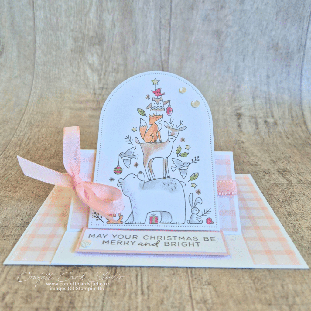Woodland Wishes easel Christmas card featuring a fox, deer, bear and other woodland animals