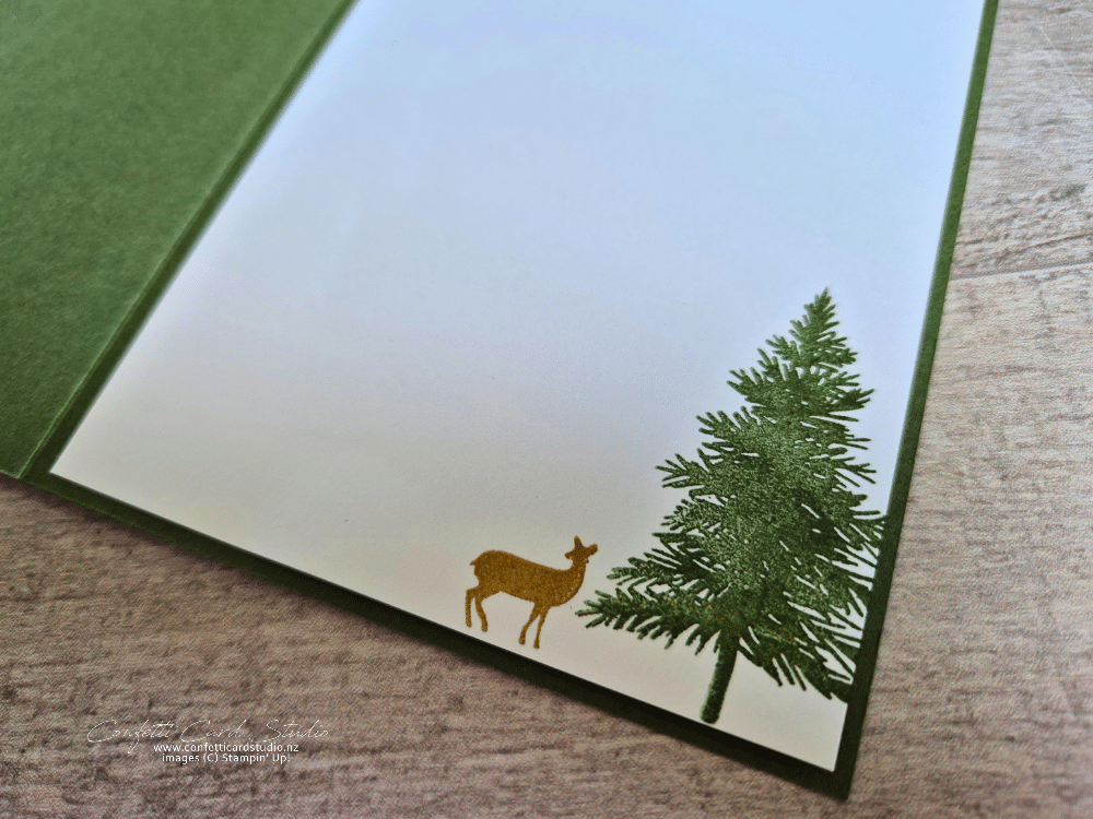 Inside the Neutral Noel Christmas card featuring a stamped tree in Mossy Meadow and a deer in Pecan Pie